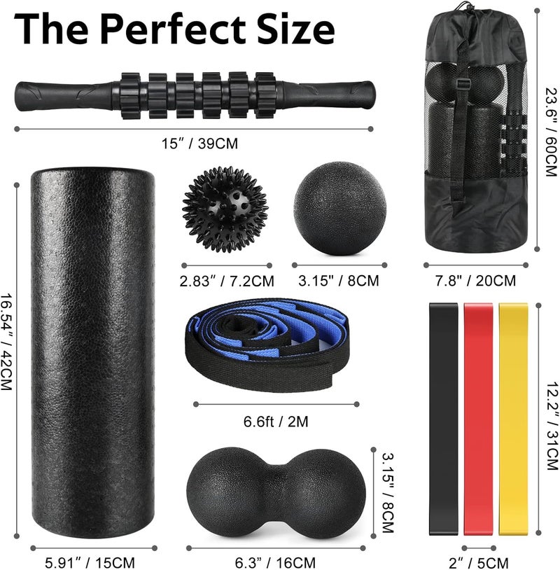BORNEW 7 in 1 Foam Roller Set for Deep Tissue Muscle Massager - High Density Back Roller, Muscle Roller Stick, Resistance Bands, Foot Massage Ball, Stretching Strap - Image 2