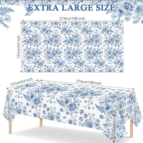 Tiamon 3 Pcs Blue Floral Plastic Tablecloth 54 x 108 Inch Vintage Rectangle Table Cover Disposable Blue Flower Tablecloth Navy and White Porcelain Table Decor for Wedding Shower Birthday Party - Image 2