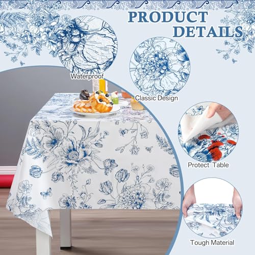 Tiamon 3 Pcs Blue Floral Plastic Tablecloth 54 x 108 Inch Vintage Rectangle Table Cover Disposable Blue Flower Tablecloth Navy and White Porcelain Table Decor for Wedding Shower Birthday Party - Image 3