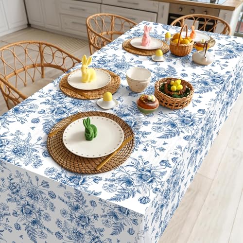 Tiamon 3 Pcs Blue Floral Plastic Tablecloth 54 x 108 Inch Vintage Rectangle Table Cover Disposable Blue Flower Tablecloth Navy and White Porcelain Table Decor for Wedding Shower Birthday Party - Image 4