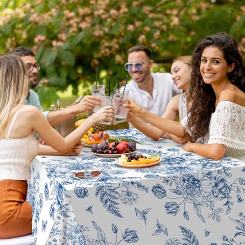 Tiamon 3 Pcs Blue Floral Plastic Tablecloth 54 x 108 Inch Vintage Rectangle Table Cover Disposable Blue Flower Tablecloth Navy and White Porcelain Table Decor for Wedding Shower Birthday Party - Image 5