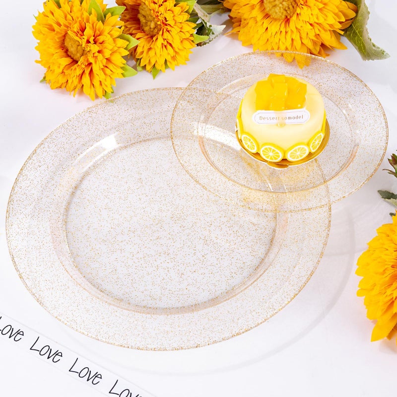 WDF 200PCS Gold Plastic Plates - Gold Glitter Plastic Plates - Heavy Duty Gold Glitter Disposable Plates - Include 100 Dinner Plates 10" and 100 Dessert Plate 7" for Wedding Spring Birthday - Image 3