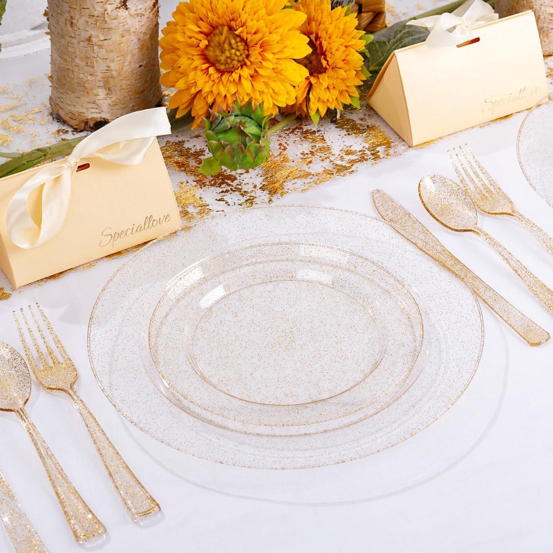 WDF 200PCS Gold Plastic Plates - Gold Glitter Plastic Plates - Heavy Duty Gold Glitter Disposable Plates - Include 100 Dinner Plates 10" and 100 Dessert Plate 7" for Wedding Spring Birthday - Image 4