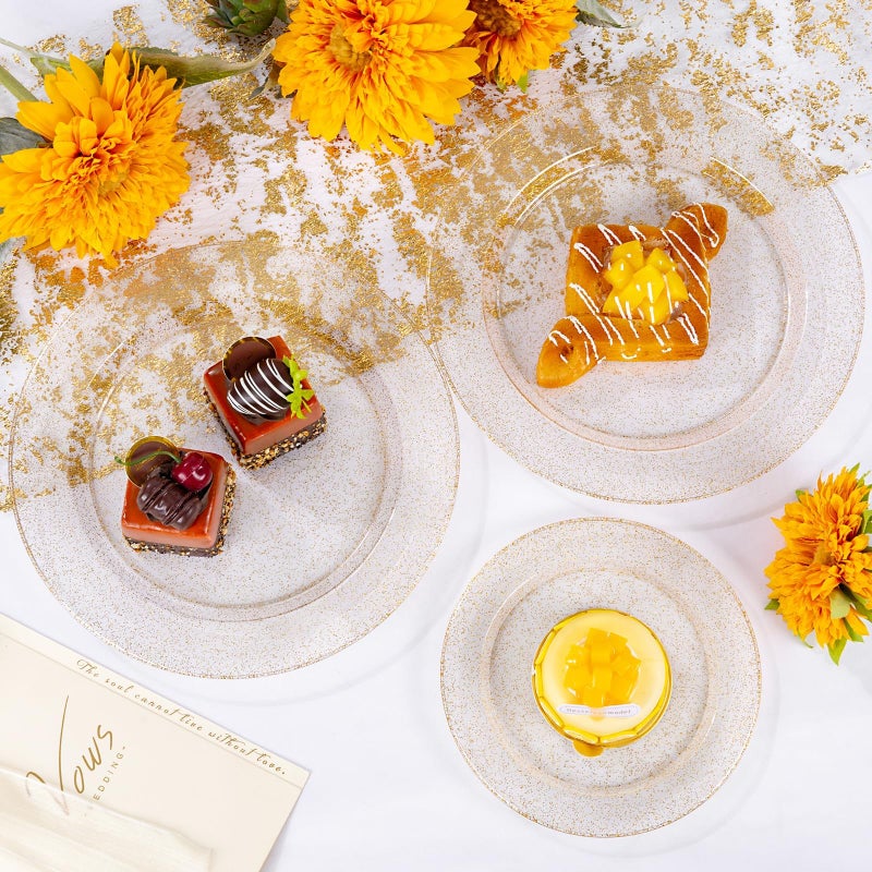 WDF 200PCS Gold Plastic Plates - Gold Glitter Plastic Plates - Heavy Duty Gold Glitter Disposable Plates - Include 100 Dinner Plates 10" and 100 Dessert Plate 7" for Wedding Spring Birthday - Image 5