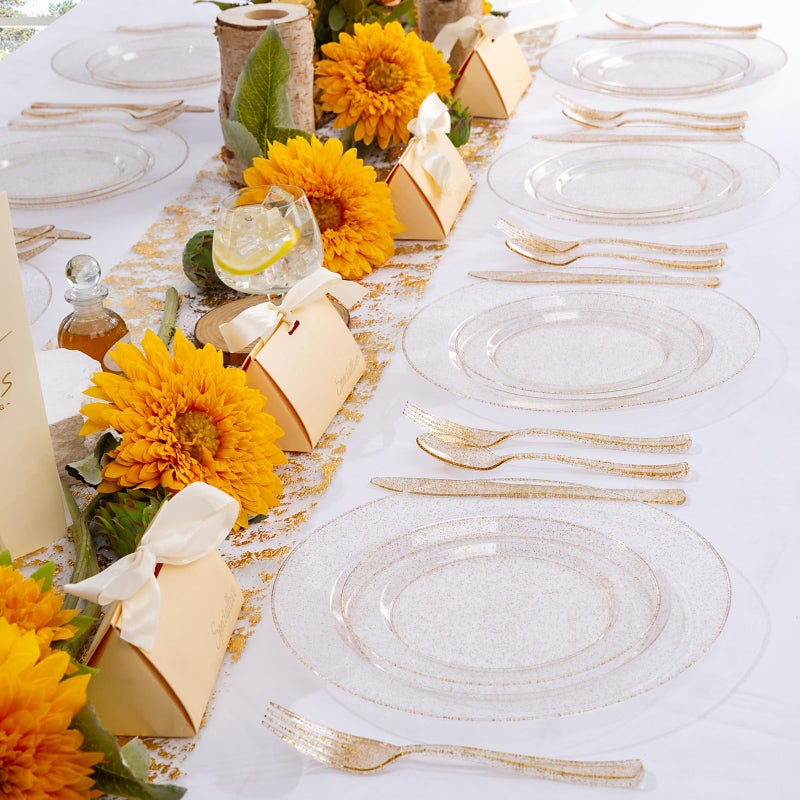 WDF 200PCS Gold Plastic Plates - Gold Glitter Plastic Plates - Heavy Duty Gold Glitter Disposable Plates - Include 100 Dinner Plates 10" and 100 Dessert Plate 7" for Wedding Spring Birthday - Image 2