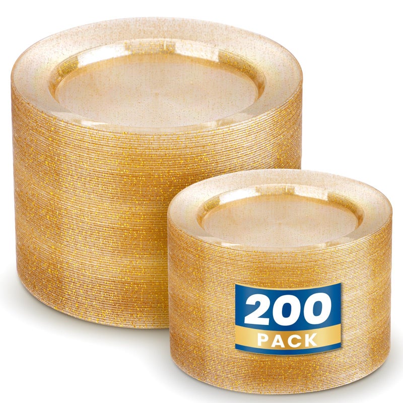 WDF 200PCS Gold Plastic Plates - Gold Glitter Plastic Plates - Heavy Duty Gold Glitter Disposable Plates - Include 100 Dinner Plates 10" and 100 Dessert Plate 7" for Wedding Spring Birthday - Image 1