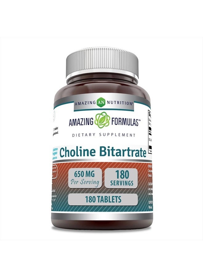 Amazing Nutrition Amazing Formulas Choline Bitartrate - 650 MG, 180 Tablets (Non-GMO, Gluten Free) – Supports Nerve & Brain Health - Promotes Cellular Function - Cognitive Support - Image 1