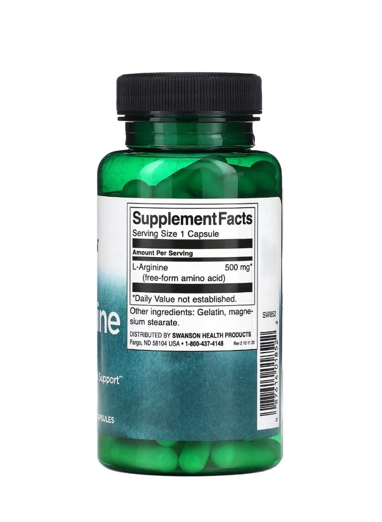 SWANSON L-Arginine 500 mg 100 Capsules - Image 2