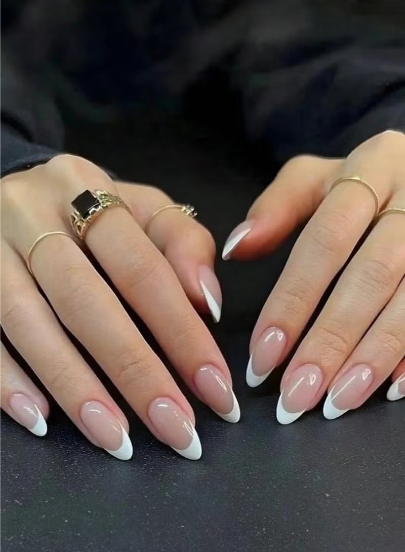 kaixin Classic White French Tip Press on Nails - 24Pcs Glossy Nude Almond Fake Nails with Liquid Nail Glue Universal Full Cover - Image 1