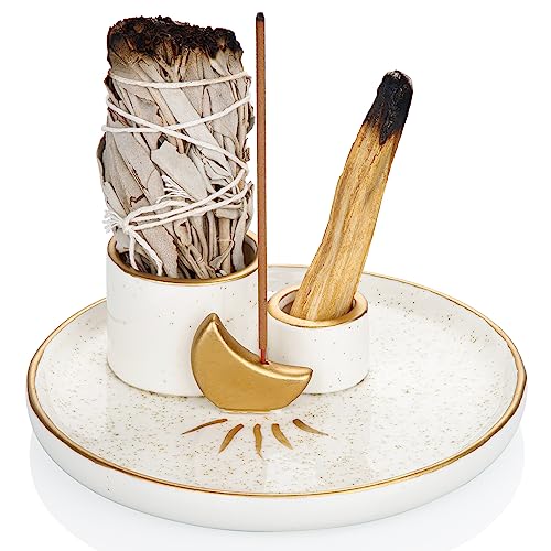 ZenBless Multifunction Incense and Candle Holder for Burning Sage, Palo Santo, Incense Sticks - 5.9" Ceramic Ash Catcher Tray for Meditation Room Home Decor (Gold) - Image 1