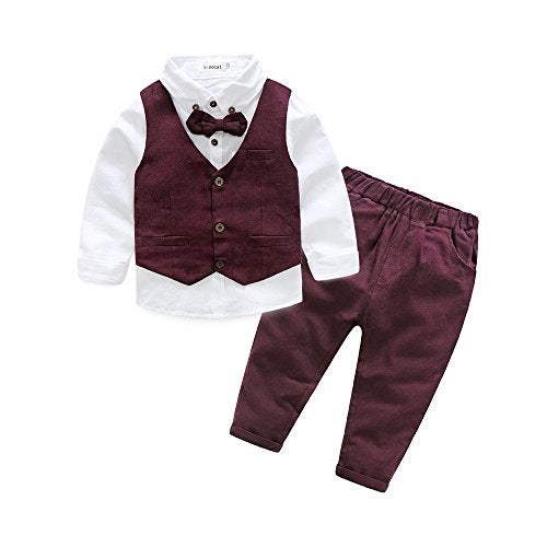 Kimocat Boys 3Pcs Clothing Sets Cotton Long Sleeve Bowtie Shirts +Vest +Pants Casual Suit (4t, Red) - Image 1