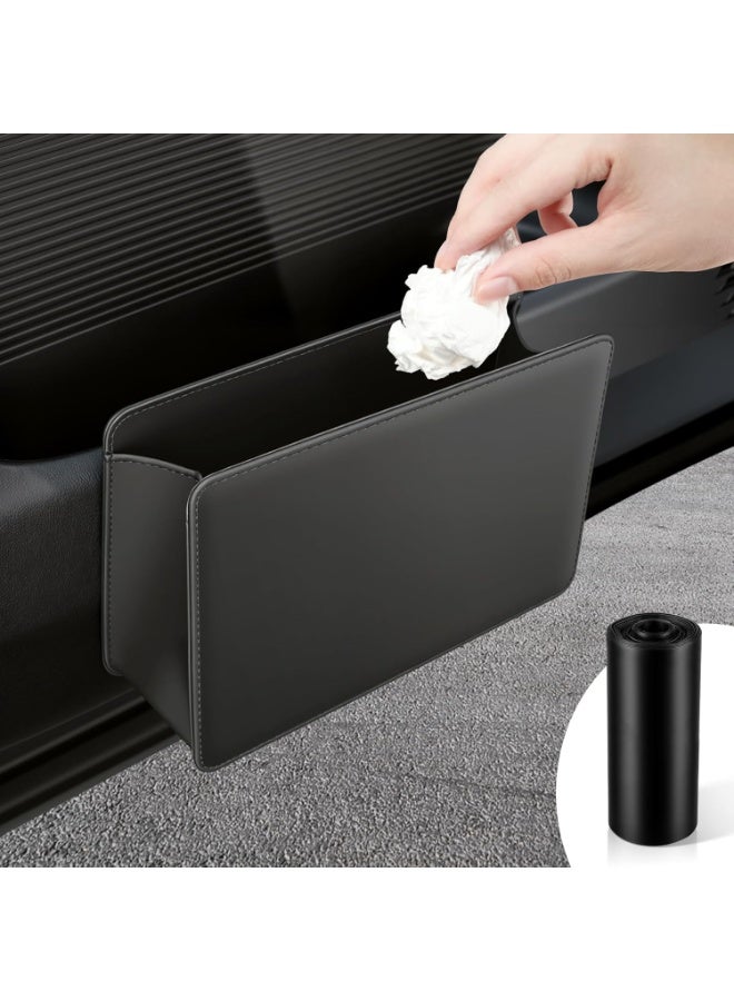 YQLIFE Car Trash Can, Auto Leather Trash Bin Garbage Organizer Holder with One Roll Trash Bag, Mini Foldable Dustbin Storage Bag Container, Multi-Function Trash Box for Car SUV - Image 1