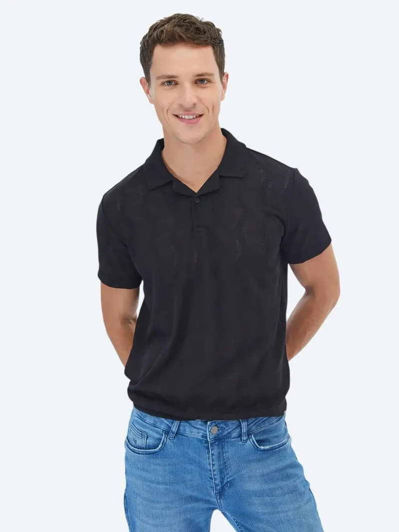 Kip Black Jacquard Cuban Collar T-Shirt