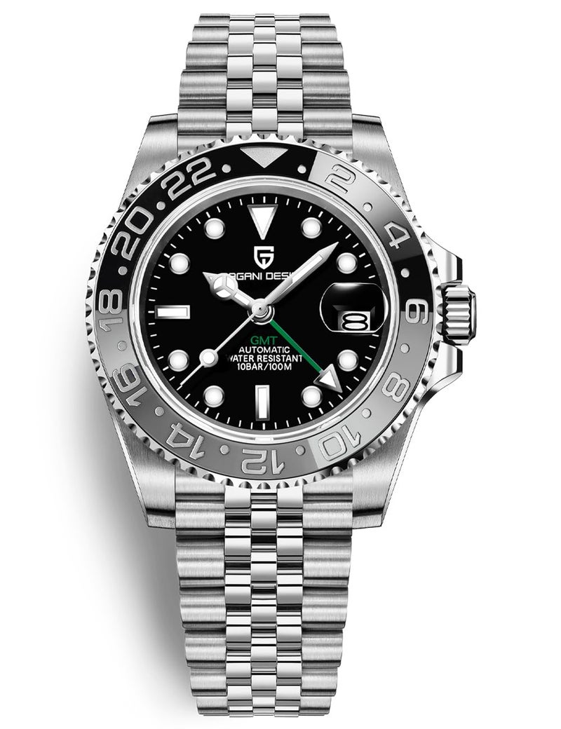 PAGRNE DESIGN ساعة رجال من باجاني ديزاين GMT للرجال أوتوماتيكية 40MM تاريخ 100M مقاومة للماء من الفولاذ المقاوم للصدأ زجاج ياقوتي ساعات ميكانيكية PD-1662 (أسود رمادي جوبيل) - Image 1
