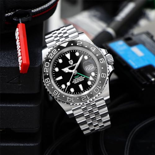 PAGRNE DESIGN ساعة رجال من باجاني ديزاين GMT للرجال أوتوماتيكية 40MM تاريخ 100M مقاومة للماء من الفولاذ المقاوم للصدأ زجاج ياقوتي ساعات ميكانيكية PD-1662 (أسود رمادي جوبيل) - Image 5