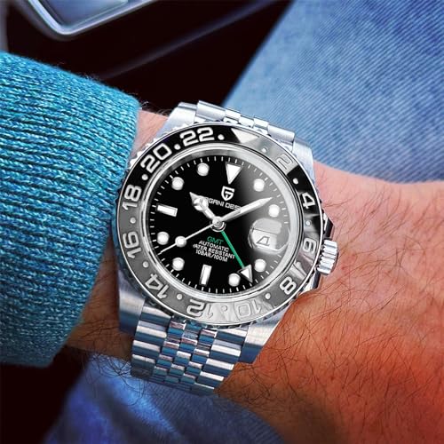 PAGRNE DESIGN ساعة رجال من باجاني ديزاين GMT للرجال أوتوماتيكية 40MM تاريخ 100M مقاومة للماء من الفولاذ المقاوم للصدأ زجاج ياقوتي ساعات ميكانيكية PD-1662 (أسود رمادي جوبيل) - Image 3