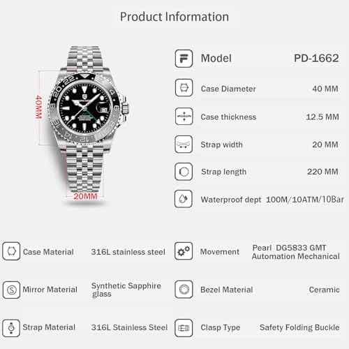 PAGRNE DESIGN ساعة رجال من باجاني ديزاين GMT للرجال أوتوماتيكية 40MM تاريخ 100M مقاومة للماء من الفولاذ المقاوم للصدأ زجاج ياقوتي ساعات ميكانيكية PD-1662 (أسود رمادي جوبيل) - Image 2