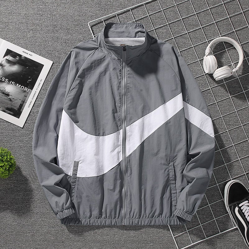 2023 Autumn Mens Hooded Color-Block Windbreaker Gray  - Image 1