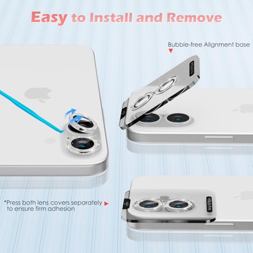 imluckies for iPhone 16 / iPhone 16 Plus/iPhone 17 Camera Lens Protector, AR+AF Tempered Glass 9H Anti-Scratch Metal Individual Lens Cover, HD Clear Camera Accessories, Glitter Silver - Image 5