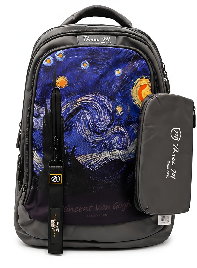 Three M Unisex Backpack With Pencil Case And 5 Pockets Grey Starry Night Pattern - Image 1