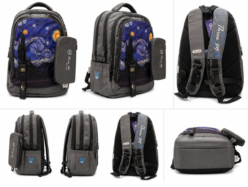 Three M Unisex Backpack With Pencil Case And 5 Pockets Grey Starry Night Pattern - Image 2