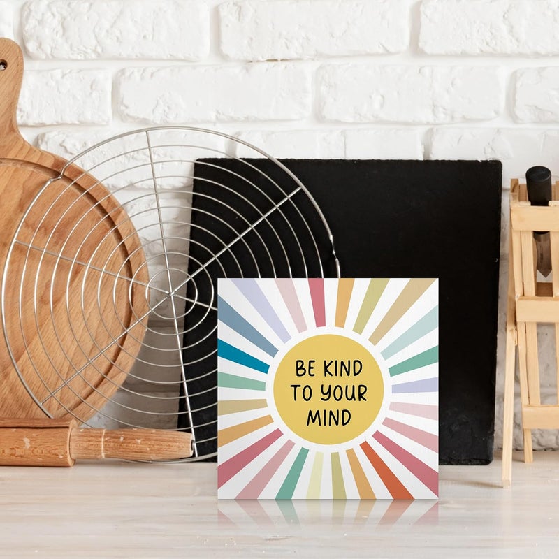BCUANGD Inspirational Desk Decor Decorations  Mental Health Wooden Box Sign Boho Colorful Sunshine Wood Block Plaque Box Sign for Home Therapy School Counselor Office Decoration 5x5 Inches - Image 3