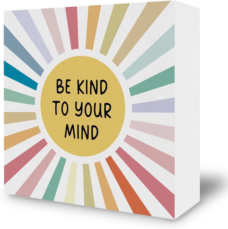 BCUANGD Inspirational Desk Decor Decorations  Mental Health Wooden Box Sign Boho Colorful Sunshine Wood Block Plaque Box Sign for Home Therapy School Counselor Office Decoration 5x5 Inches - Image 1