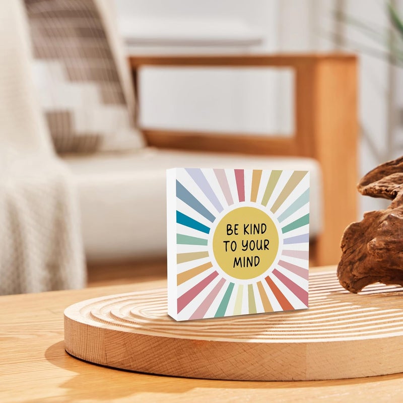 BCUANGD Inspirational Desk Decor Decorations  Mental Health Wooden Box Sign Boho Colorful Sunshine Wood Block Plaque Box Sign for Home Therapy School Counselor Office Decoration 5x5 Inches - Image 4