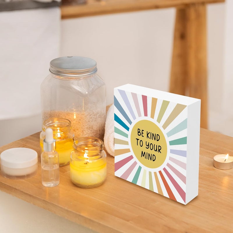 BCUANGD Inspirational Desk Decor Decorations  Mental Health Wooden Box Sign Boho Colorful Sunshine Wood Block Plaque Box Sign for Home Therapy School Counselor Office Decoration 5x5 Inches - Image 2