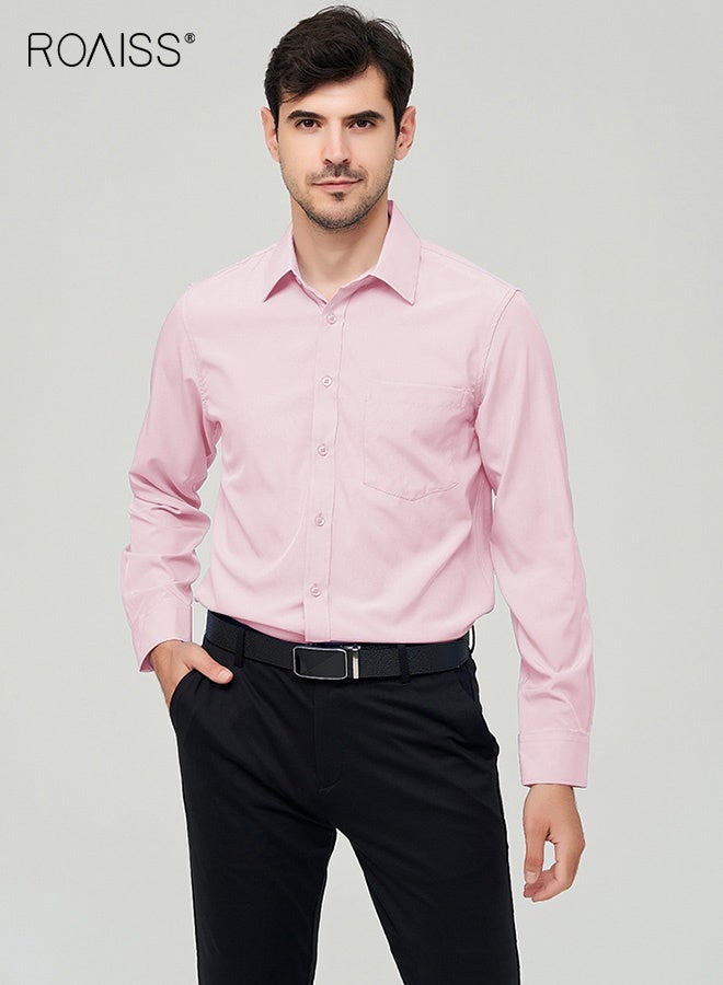 roaiss Men's Professional Dress Shirt Ultra Thin Breathable Long Sleeve with Stretch Wrinkle-Resistant Technology Business Formal Wear for Office Elegance Light Pink - Image 1