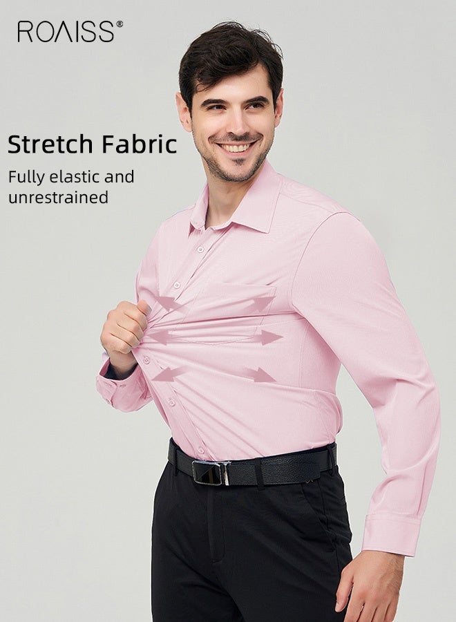 roaiss Men's Professional Dress Shirt Ultra Thin Breathable Long Sleeve with Stretch Wrinkle-Resistant Technology Business Formal Wear for Office Elegance Light Pink - Image 3