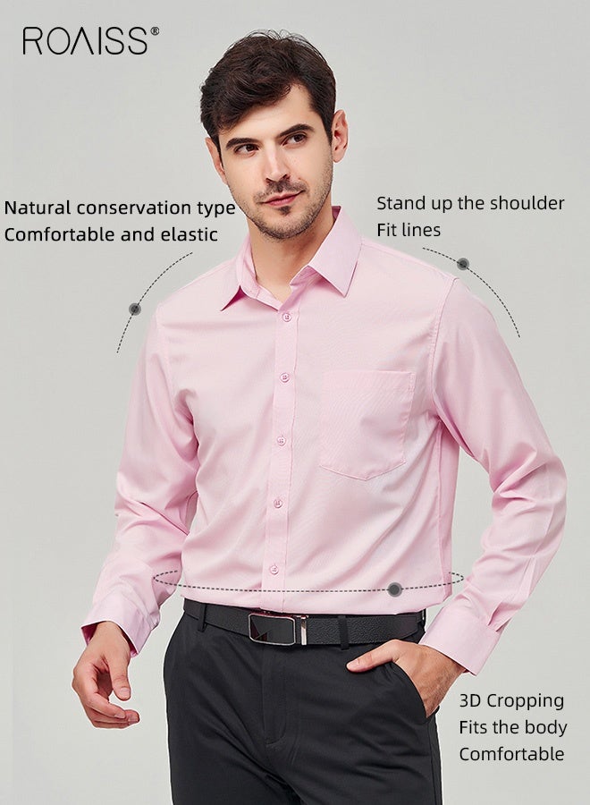 roaiss Men's Professional Dress Shirt Ultra Thin Breathable Long Sleeve with Stretch Wrinkle-Resistant Technology Business Formal Wear for Office Elegance Light Pink - Image 2