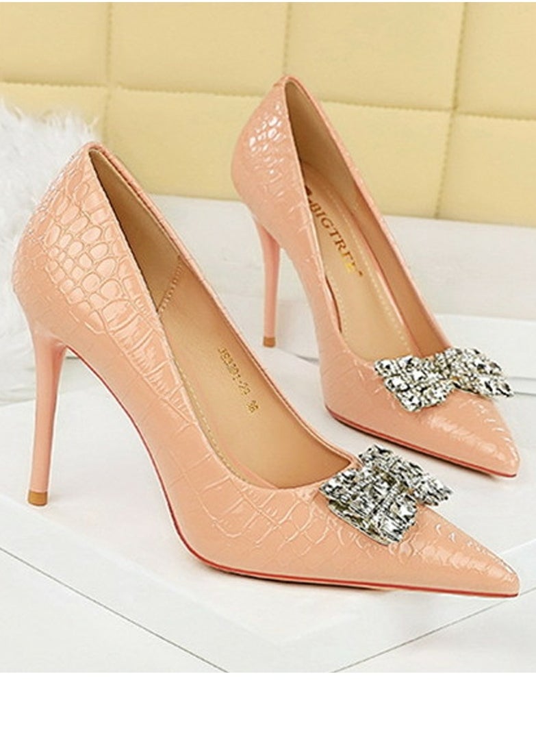 BIGTREE Women's Patent Leather Closed Pointed Toe Stiletto Pump Rhinestone Bowknot Decoration High Heels Beige 10CM  - Image 2