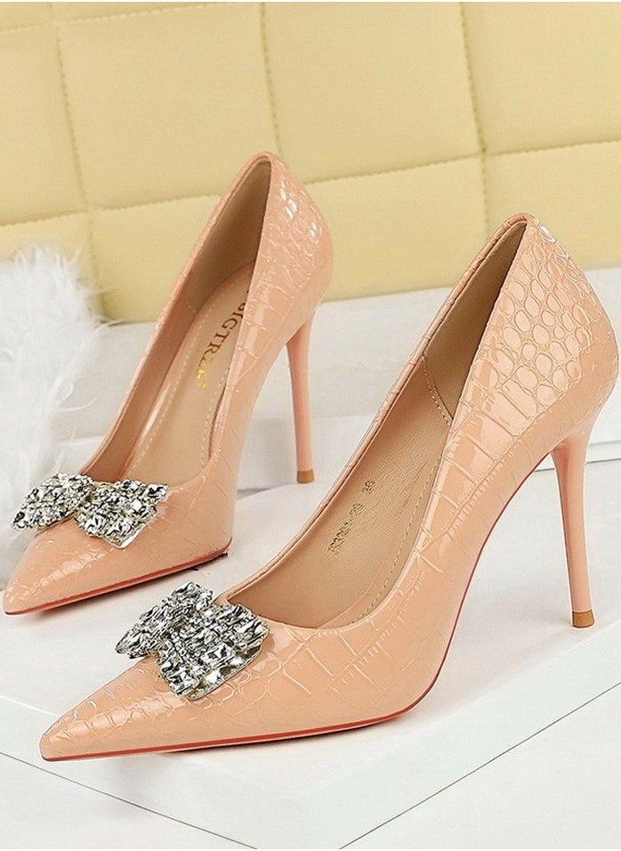 BIGTREE Women's Patent Leather Closed Pointed Toe Stiletto Pump Rhinestone Bowknot Decoration High Heels Beige 10CM  - Image 1
