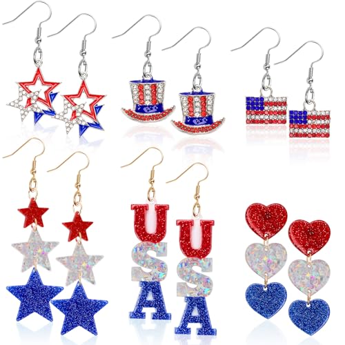 BOARDFEB 6 Pairs Patriotic Dangle Drop Stud Earrings 4th of July Earrings American Flag Earring for Independence Day Party Favor Gift - Image 1
