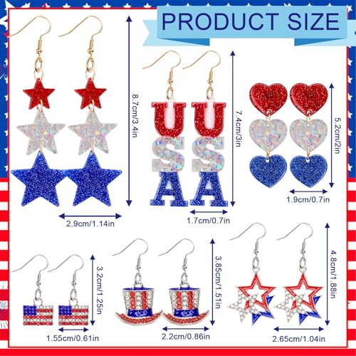 BOARDFEB 6 Pairs Patriotic Dangle Drop Stud Earrings 4th of July Earrings American Flag Earring for Independence Day Party Favor Gift - Image 3