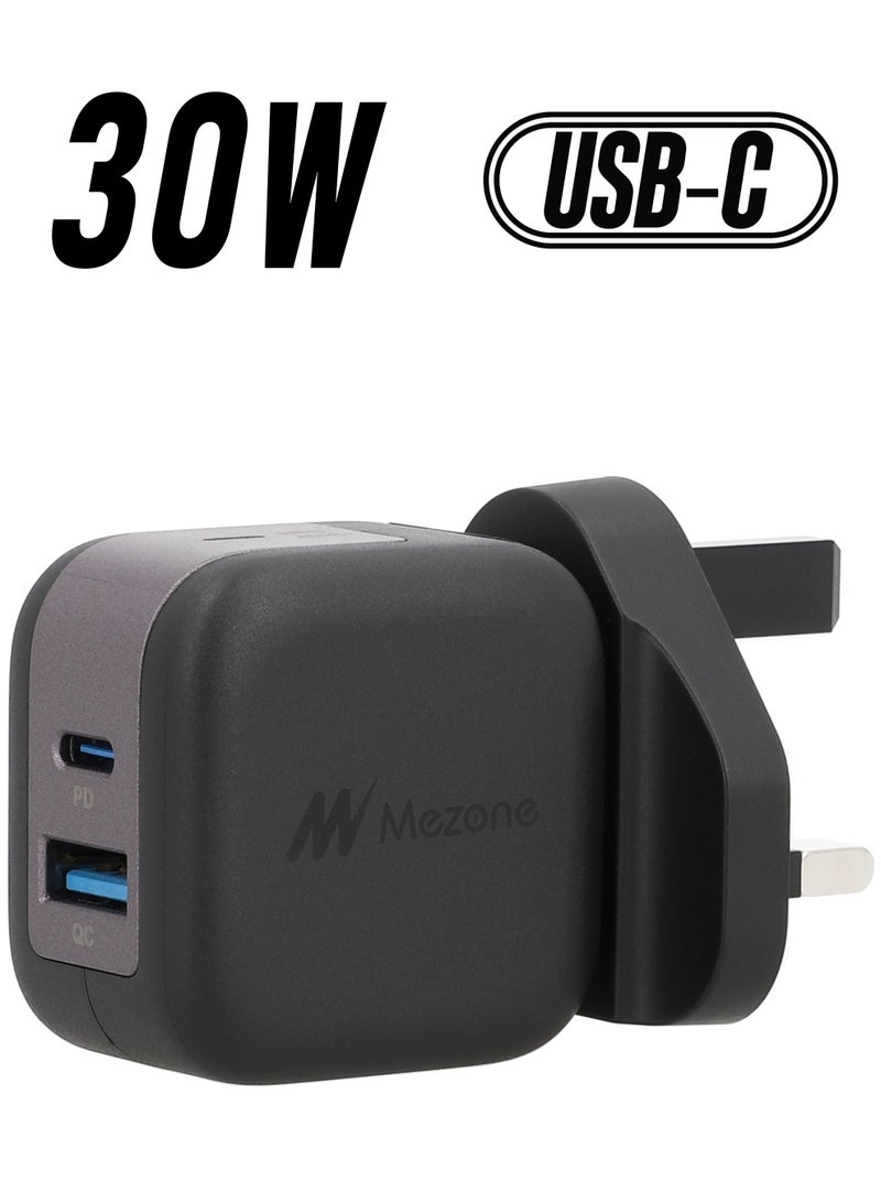 Mezone PD 30W Wall Charger, QC USB + Type C PD Ultra-Fast Dual Port GaN Wall Adapter UK Plug, USB C Charger For iPhone 15/14/13/12 Pro/Pro Max, Ipad Pro/Airpods, Galaxy/Pixel/Huawei/Xiaomi and More - Black - Image 1