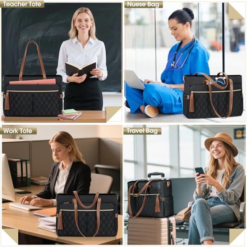 RAINSMORE Laptop Bag for Women 15.6" Teacher Tote Work Bag with Insulated Pockets, Professional Nurse Bag Laptop Briefcase Large Handbag for Office College Nursing, Black-brown - Image 2