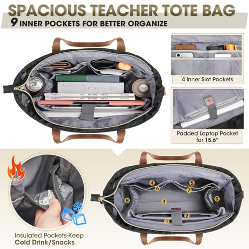 RAINSMORE Laptop Bag for Women 15.6" Teacher Tote Work Bag with Insulated Pockets, Professional Nurse Bag Laptop Briefcase Large Handbag for Office College Nursing, Black-brown - Image 3