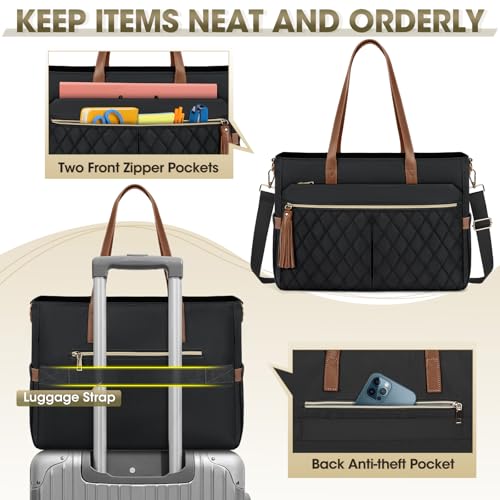 RAINSMORE Laptop Bag for Women 15.6" Teacher Tote Work Bag with Insulated Pockets, Professional Nurse Bag Laptop Briefcase Large Handbag for Office College Nursing, Black-brown - Image 4