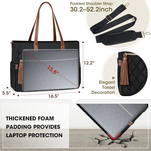 RAINSMORE Laptop Bag for Women 15.6" Teacher Tote Work Bag with Insulated Pockets, Professional Nurse Bag Laptop Briefcase Large Handbag for Office College Nursing, Black-brown - Image 5