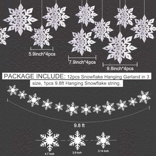 OuMuaMua Winter Christmas Hanging Snowflake Decorations, 12PCS Snowflakes Garland & 12PCS 3D Glittery Large White Snowflake for Christmas Winter Wonderland Holiday New Year Party Home Decorations - Image 3