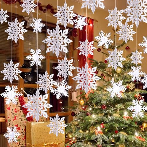 OuMuaMua Winter Christmas Hanging Snowflake Decorations, 12PCS Snowflakes Garland & 12PCS 3D Glittery Large White Snowflake for Christmas Winter Wonderland Holiday New Year Party Home Decorations - Image 1
