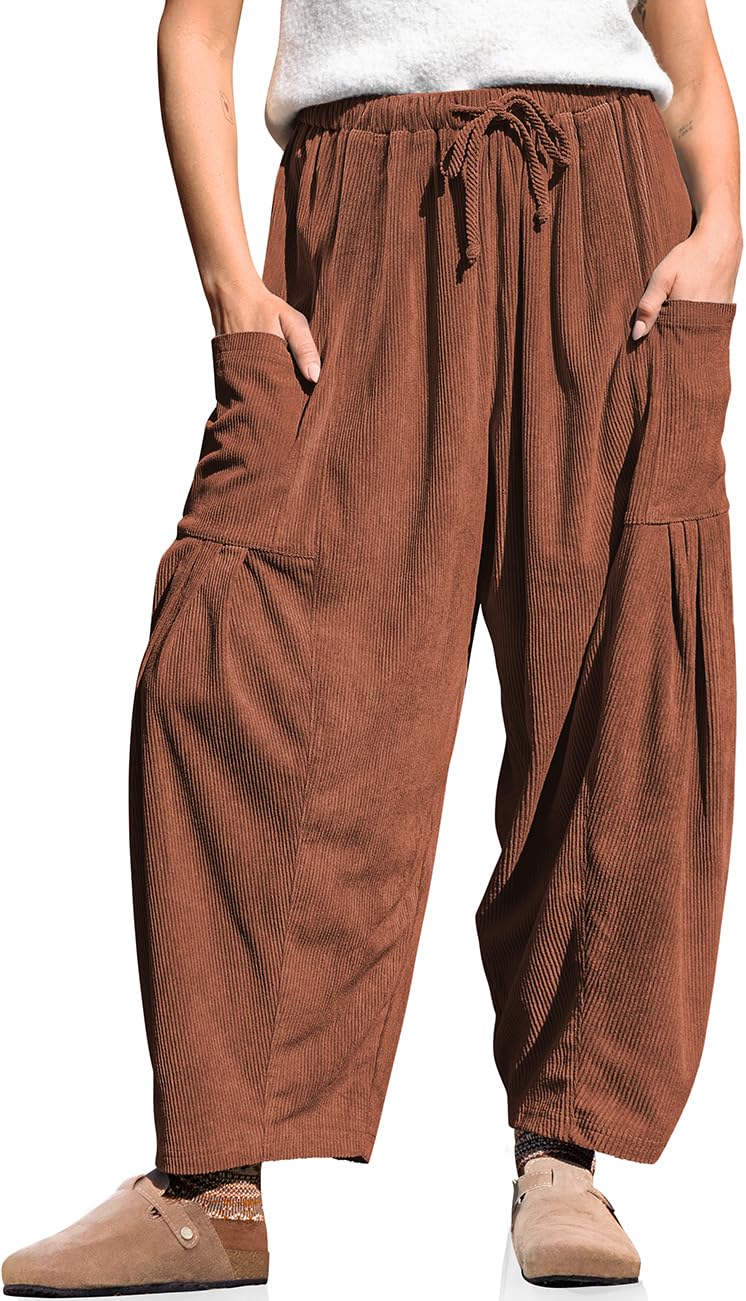 TARSE Women's Corduroy Pants Barrel Mid-Rise Elastic Waist Cord Pants Casual Wide Leg Baggy Trouser with Pockets, Brown, XL - Image 1