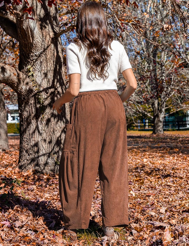 TARSE Women's Corduroy Pants Barrel Mid-Rise Elastic Waist Cord Pants Casual Wide Leg Baggy Trouser with Pockets, Brown, XL - Image 5