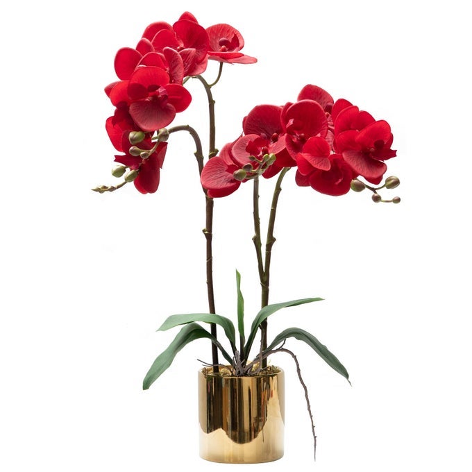 ARTIFICIAL ORCHID FLOWER PLANT REAL TOUCH FAUX ORCHIDS IN CERAMIC VASE RED 197 FAKE PHALAENOPSIS FLOWER ARRANGEMENT CENTERPIECE HOME INDOOR DECOR
