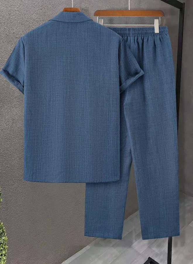 تايك تو Blue Solid Pocket Detail Shirt and Trousers Co-Ord Set