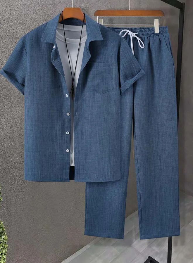 تايك تو Blue Solid Pocket Detail Shirt and Trousers Co-Ord Set