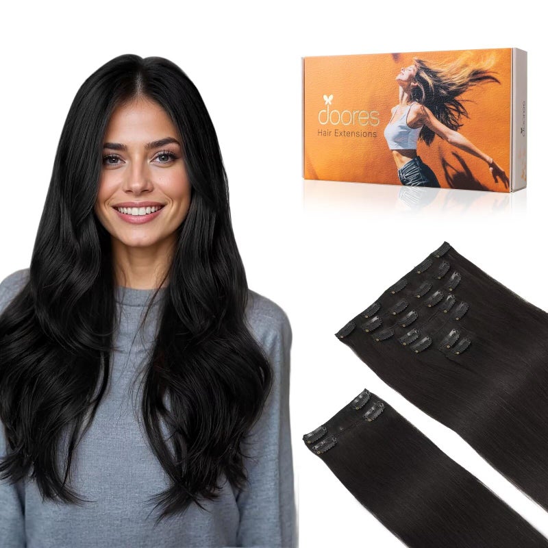DOORES Hair Extensions Clip in Human Hair Natural Black 150g 9pcs 20 Inch Real Thick Remy Weft for Women Straight Silky Weft