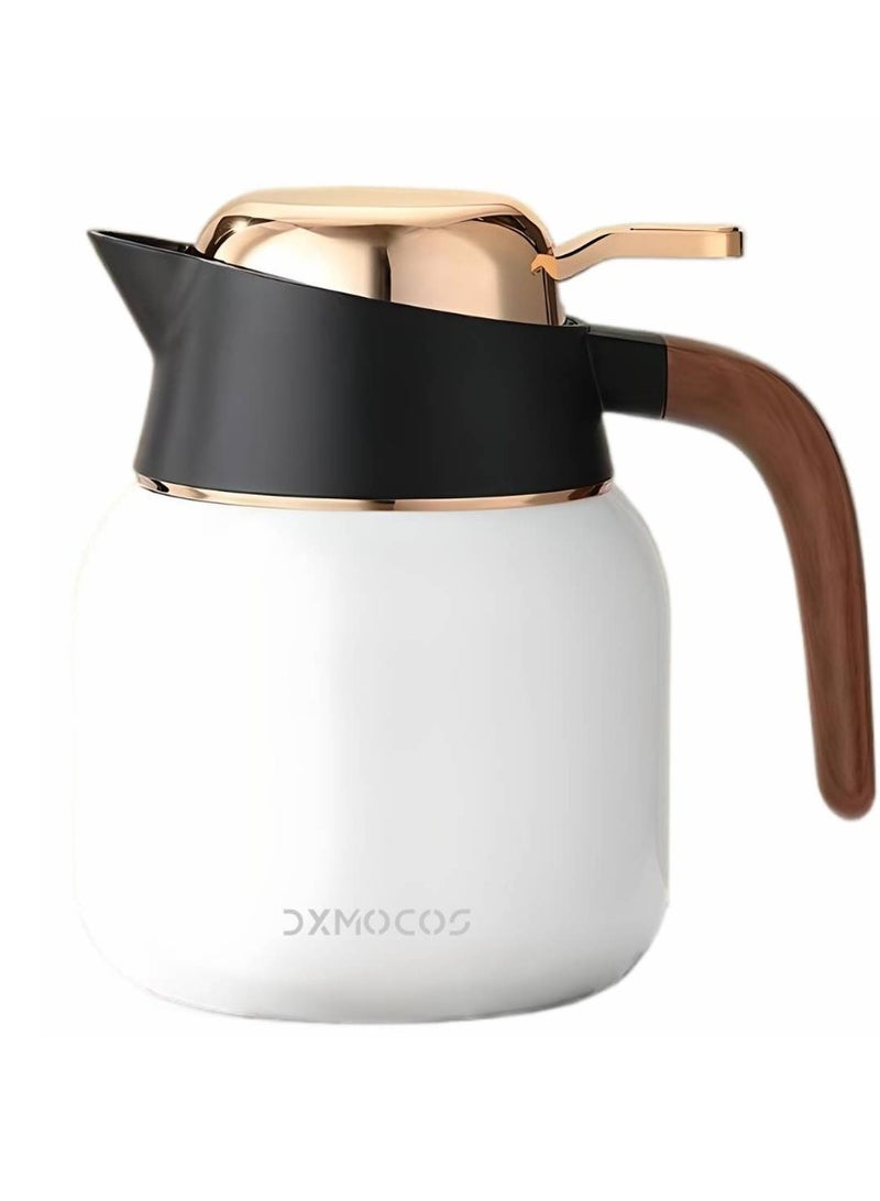 Dxmocos غلاية ترمس من الفولاذ المقاوم للصدأ 316 سعة 1000 مل معزولة بالفراغ – إبريق قهوة حراري مزدوج الجدار مع مصفاة شاي، تصميم زر واحد للمشروبات الساخنة والباردة باللون الأبيض - Image 1
